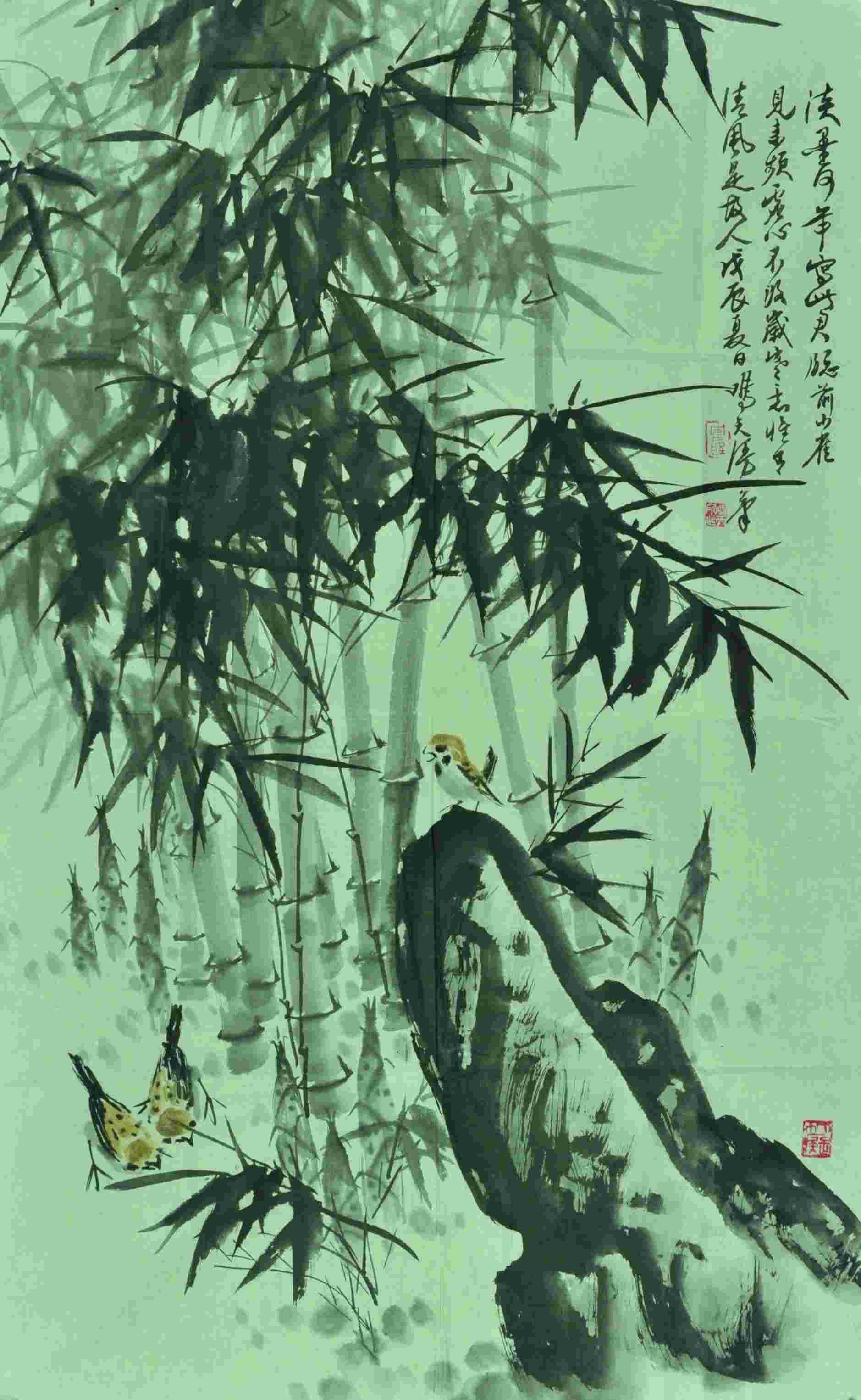 钟鸣天 竹鸟图 