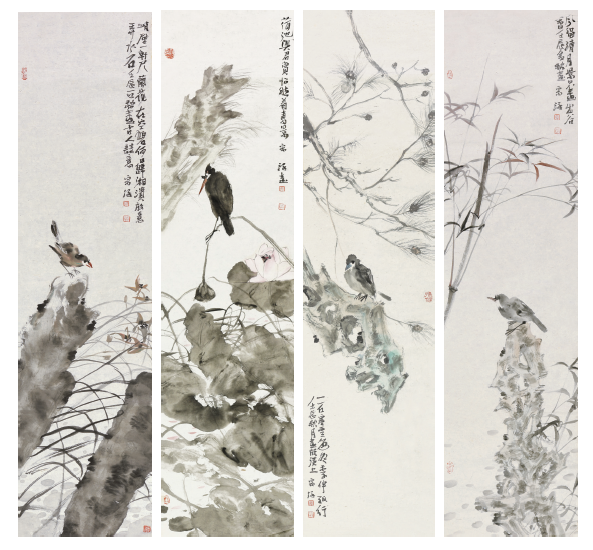 344 毛宗泽 花鸟四屏